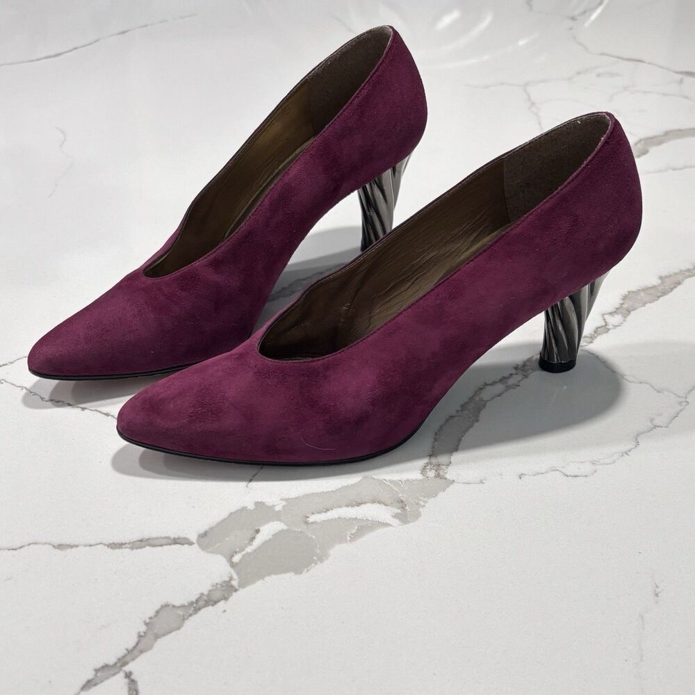 Stuart Weitzman Vintage 1980s Suede Leather Pumps Metallic Twist Heels Y2K 7N